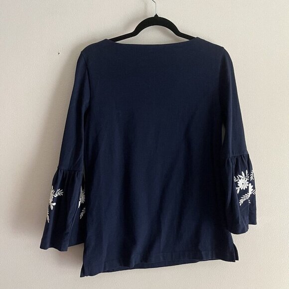 J.Crew Factory Women S Navy Blue Cotton Embroidered Boho Bell Sleeve Blouse - Picture 9 of 9